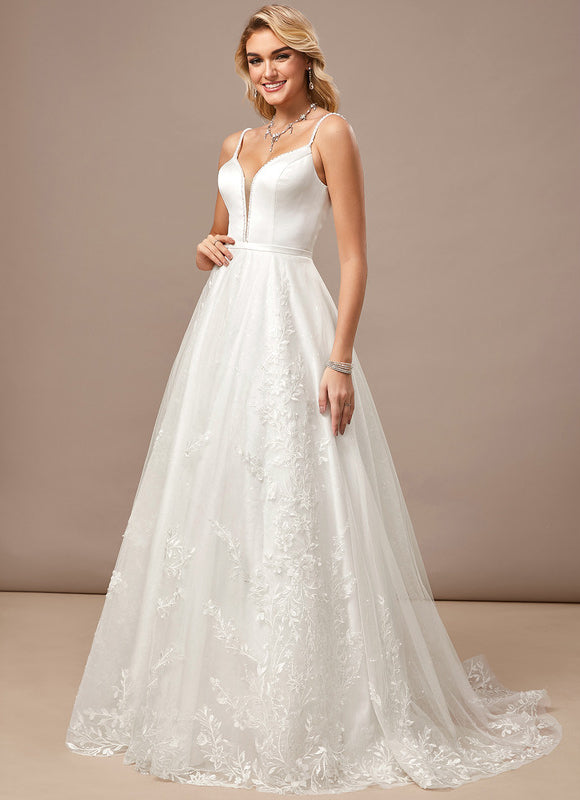 Trapèze col v traîne balayage dentelle tulle robe de mariée avec perles paillettes - gallery 1
