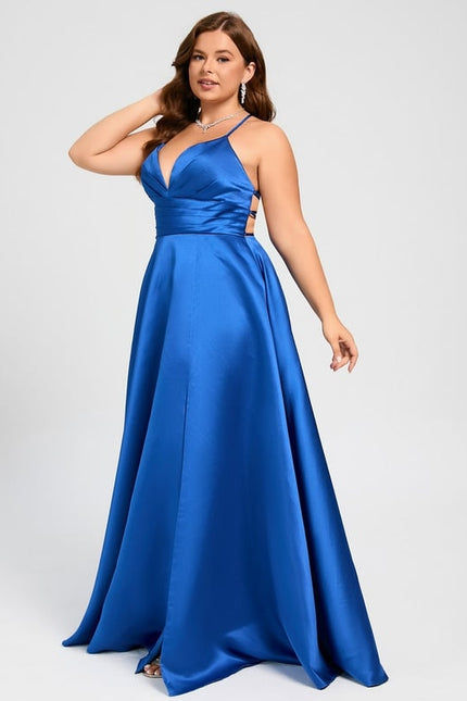 Trapèze col v longueur ras du sol satin robe de bal avec plissée - gallery 6