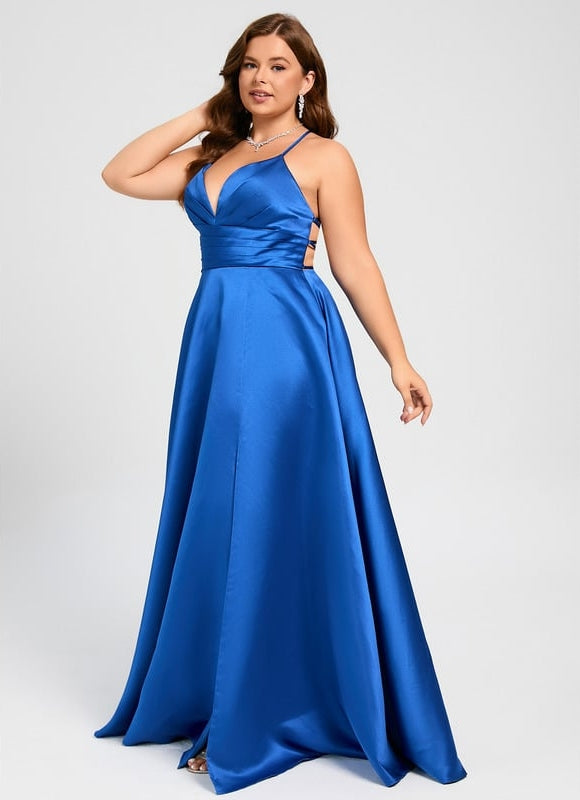 Trapèze col v longueur ras du sol satin robe de bal avec plissée - gallery 6