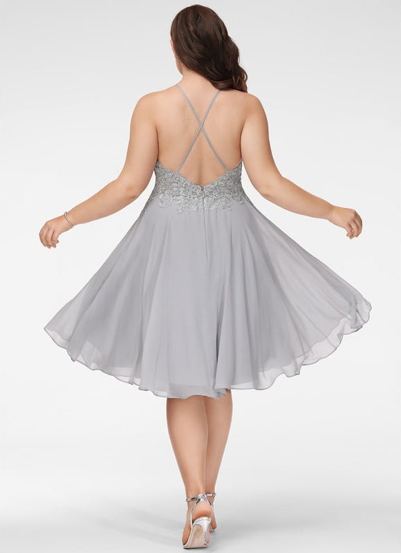 Trapèze col rond longueur genou dentelle mousseline robe de bal de promo avec paillettes - gallery 7