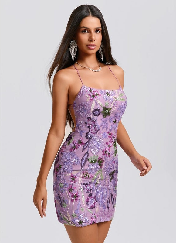 Moulante col rond mini dentelle floral robe de bal de promo avec paillettes broderie - gallery 1