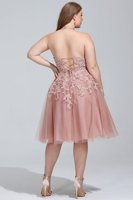 Trapèze col rond longueur genou tulle dentelle robe de bal de promo - gallery 6