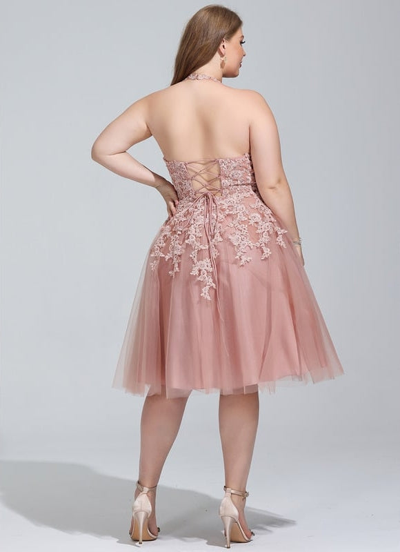 Trapèze col rond longueur genou tulle dentelle robe de bal de promo - gallery 6