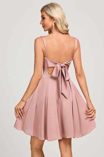 Trapèze col carré court satin mat robe de bal de promo avec nœud - gallery 6