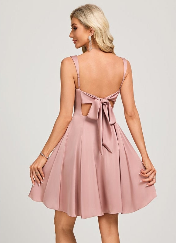 Trapèze col carré court satin mat robe de bal de promo avec nœud - gallery 6