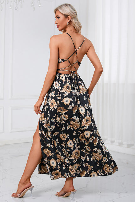 Robe fleurs à volants imprimé fleur col bénitier trapèze satin maxi - gallery 4
