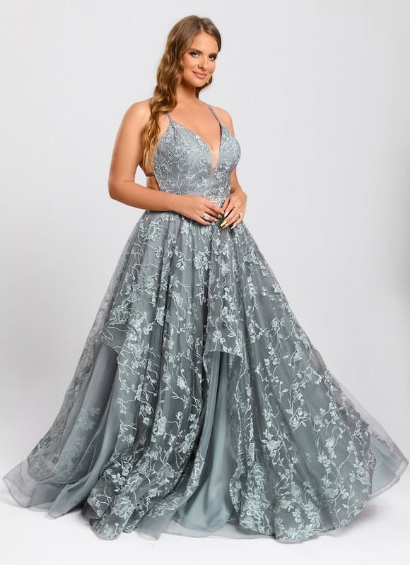 Princesse col v longueur ras du sol tulle dentelle robe de bal - gallery 9