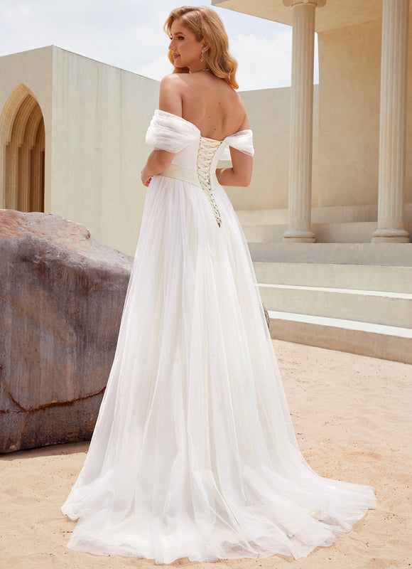 Princesse épaule dénudée traîne balayage tulle robe de mariée - gallery 3