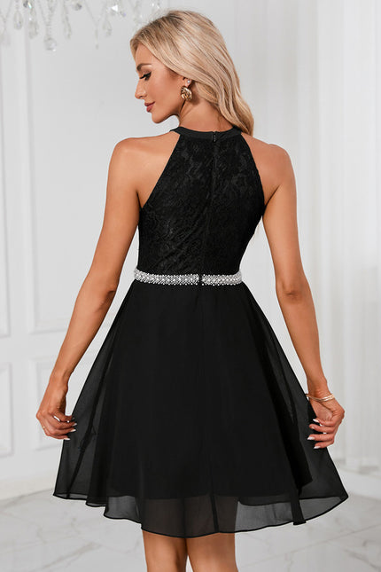 Robe perles licou trapèze mousseline dentelle mini - gallery 3
