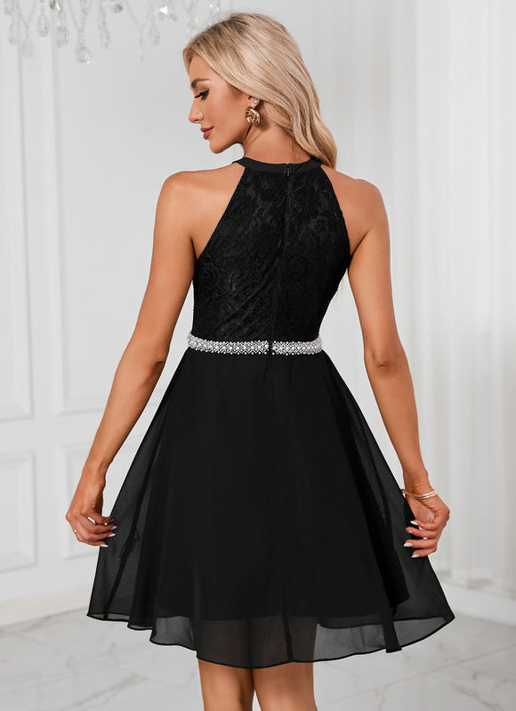Robe perles licou trapèze mousseline dentelle mini - gallery 3