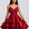 Princesse col v court satin robe de bal de promo avec paillettes appliques de dentelle perles