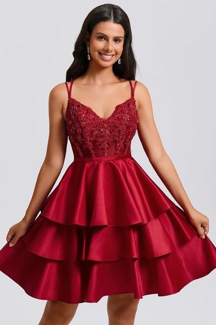 Princesse col v court satin robe de bal de promo avec paillettes appliques de dentelle perles