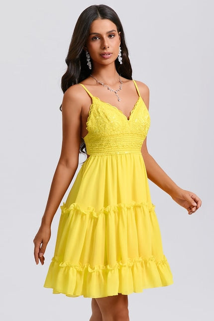 Trapèze col v court mousseline robe de bal de promo avec à volants paillettes - gallery 5