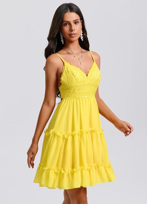 Trapèze col v court mousseline robe de bal de promo avec à volants paillettes - gallery 5