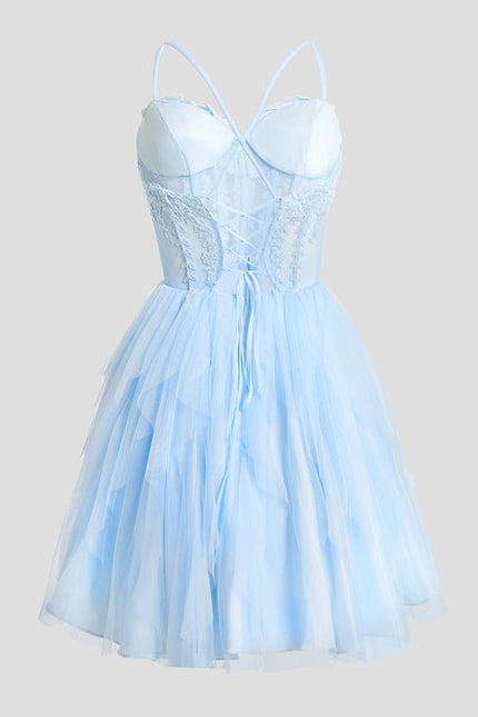Princesse col cœur court tulle dentelle robe de bal de promo avec à volants - gallery 6