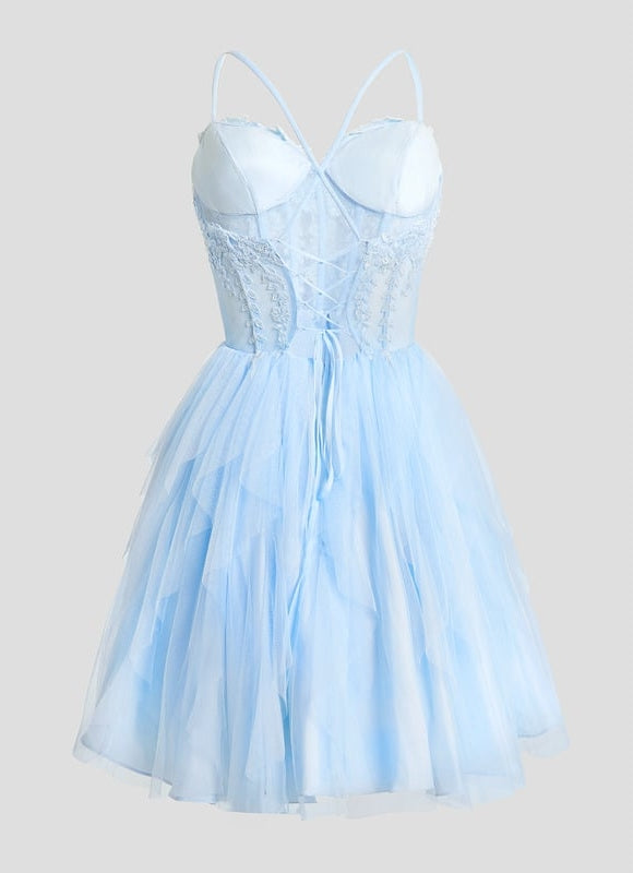 Princesse col cœur court tulle dentelle robe de bal de promo avec à volants - gallery 6
