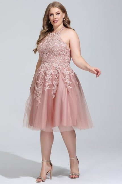 Trapèze col rond longueur genou tulle dentelle robe de bal de promo - gallery 8