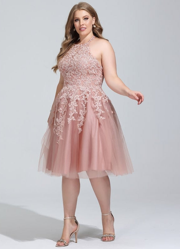 Trapèze col rond longueur genou tulle dentelle robe de bal de promo - gallery 8