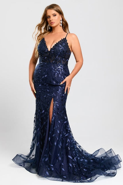 Sirène col v traîne balayage dentelle robe de bal avec paillettes - gallery 7