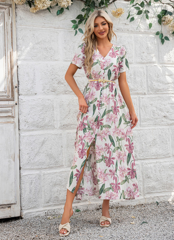 Robe imprimé fleur col v trapèze rayonne maxi - gallery 3