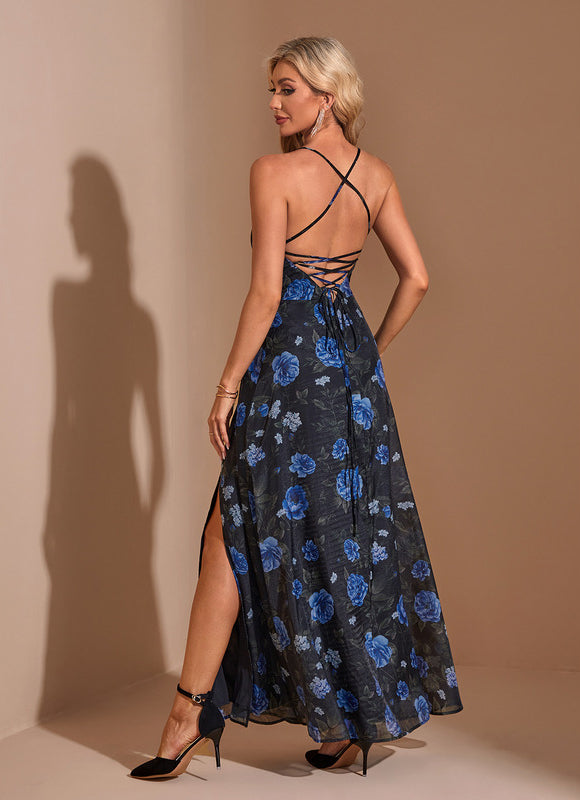 Robe imprimé fleur col carré trapèze organza maxi - gallery 1