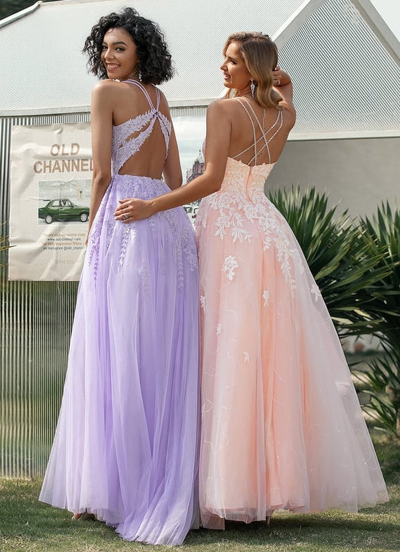 Princesse col rond traîne balayage tulle dentelle robe de bal avec paillettes - gallery 1