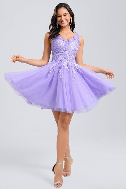 Princesse col v court dentelle tulle robe de bal de promo avec fleurs - gallery 5