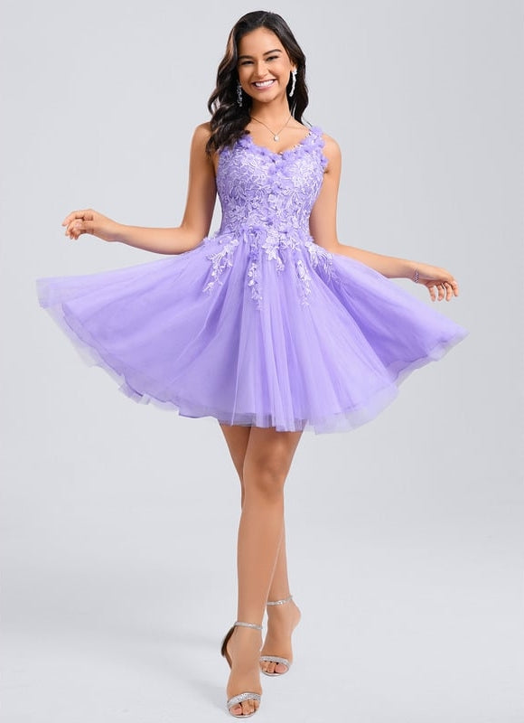 Princesse col v court dentelle tulle robe de bal de promo avec fleurs - gallery 5