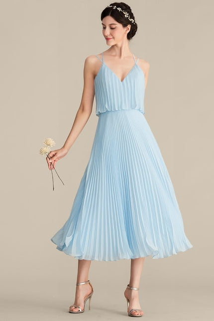Trapèze col v longueur mollet mousseline robe de demoiselle d'honneur avec plissée - gallery 1