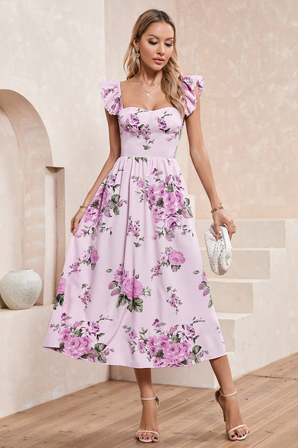 Robe imprimé fleur col cœur trapèze polyester midi - gallery 1