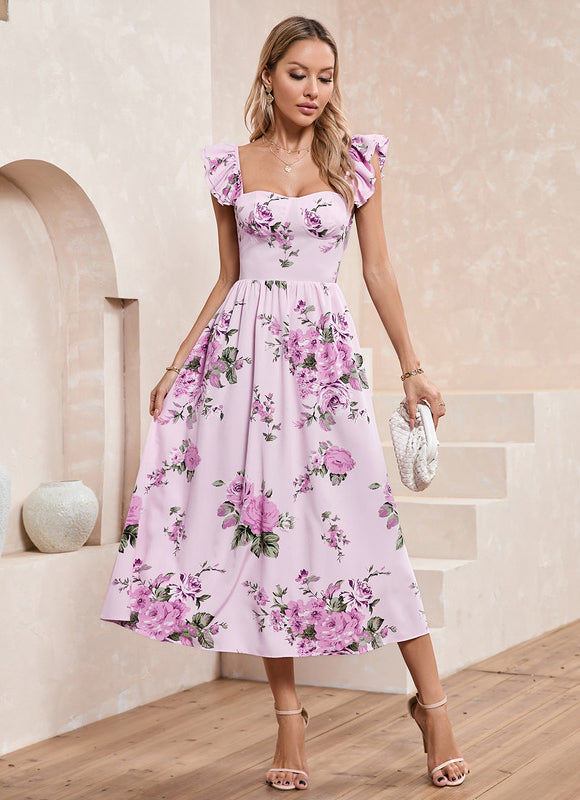 Robe imprimé fleur col cœur trapèze polyester midi - gallery 1