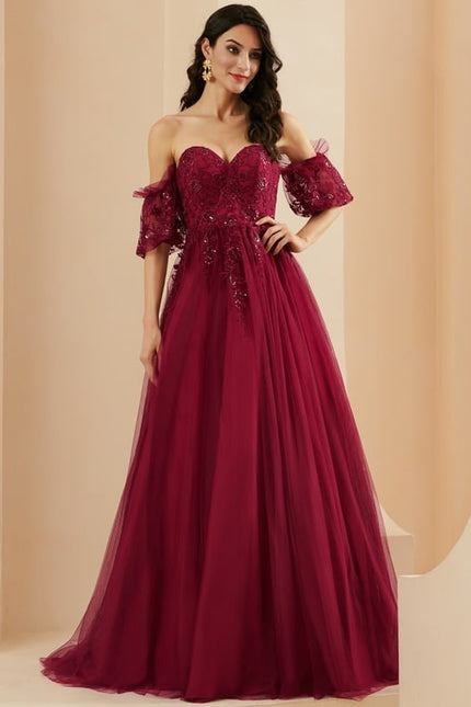 Princesse col cœur traîne balayage tulle robe de bal avec paillettes - gallery 3