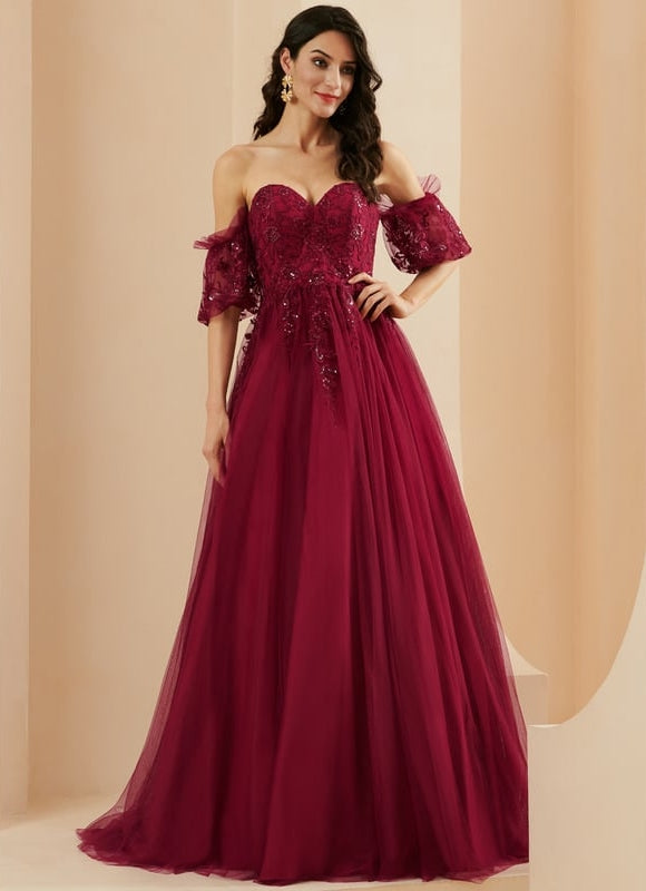 Princesse col cœur traîne balayage tulle robe de bal avec paillettes - gallery 3