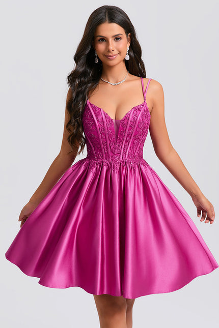 Princesse col v court satin robe de bal de promo avec paillettes - gallery 4