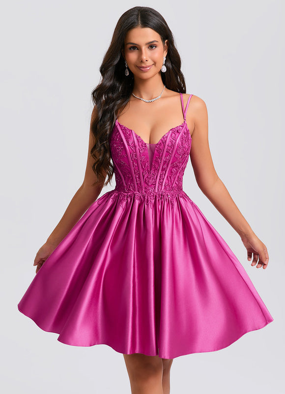 Princesse col v court satin robe de bal de promo avec paillettes - gallery 4