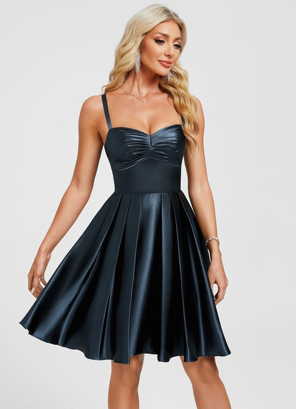 Trapèze col cœur court satin extensible robe de bal de promo avec plissée - gallery 5