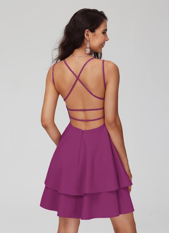 Trapèze col v court crêpe extensible robe de bal de promo - gallery 2