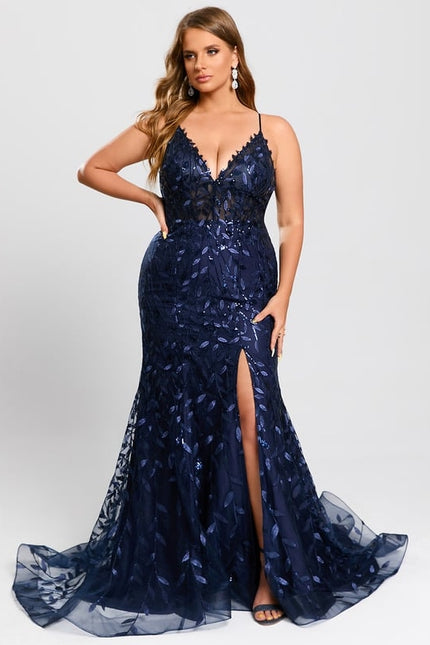 Sirène col v traîne balayage dentelle robe de bal avec paillettes - gallery 8