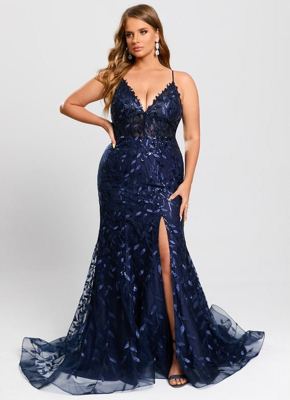 Sirène col v traîne balayage dentelle robe de bal avec paillettes - gallery 8