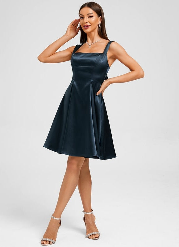 Trapèze col droit court satin extensible robe de bal de promo avec nœud - gallery 3