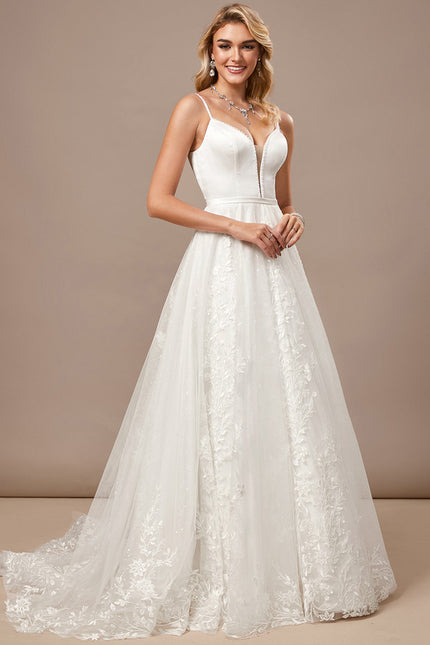Trapèze col v traîne balayage dentelle tulle robe de mariée avec perles paillettes