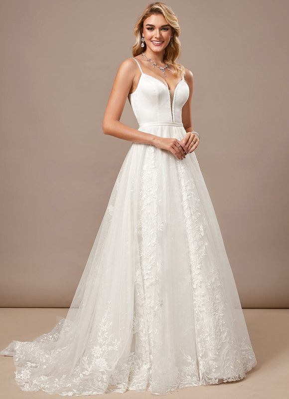 Trapèze col v traîne balayage dentelle tulle robe de mariée avec perles paillettes