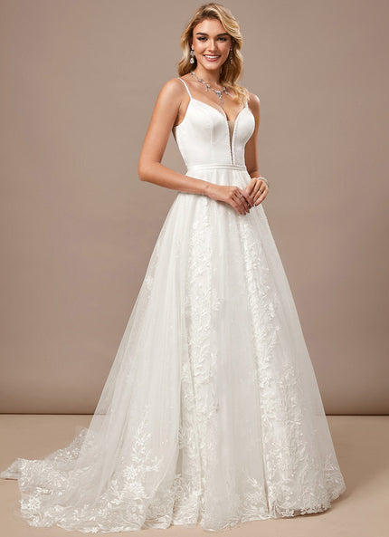Trapèze col v traîne balayage dentelle tulle robe de mariée avec perles paillettes