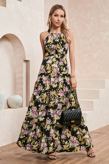 Robe imprimé fleur licou trapèze polyester maxi - gallery 7