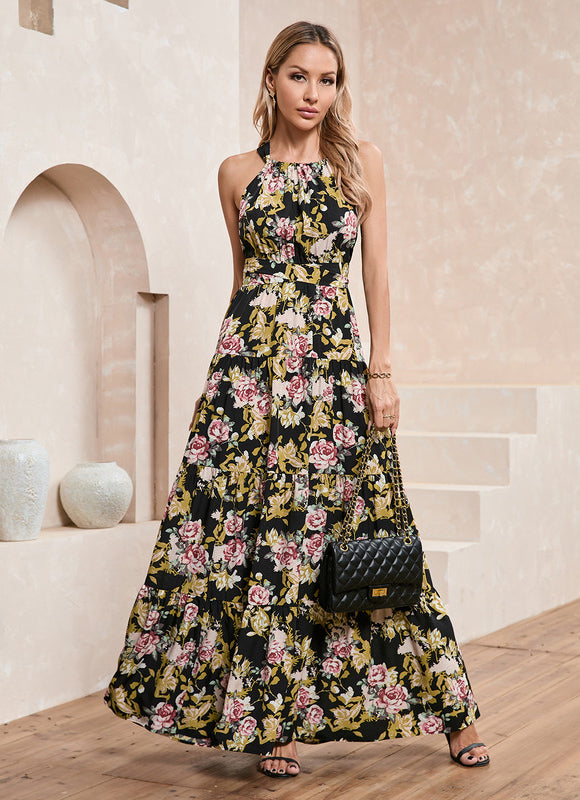 Robe imprimé fleur licou trapèze polyester maxi - gallery 7