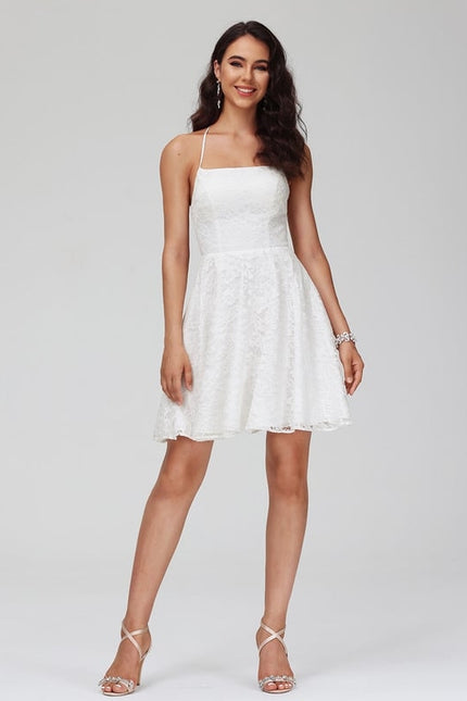 Trapèze col carré court dentelle robe de bal de promo - gallery 4
