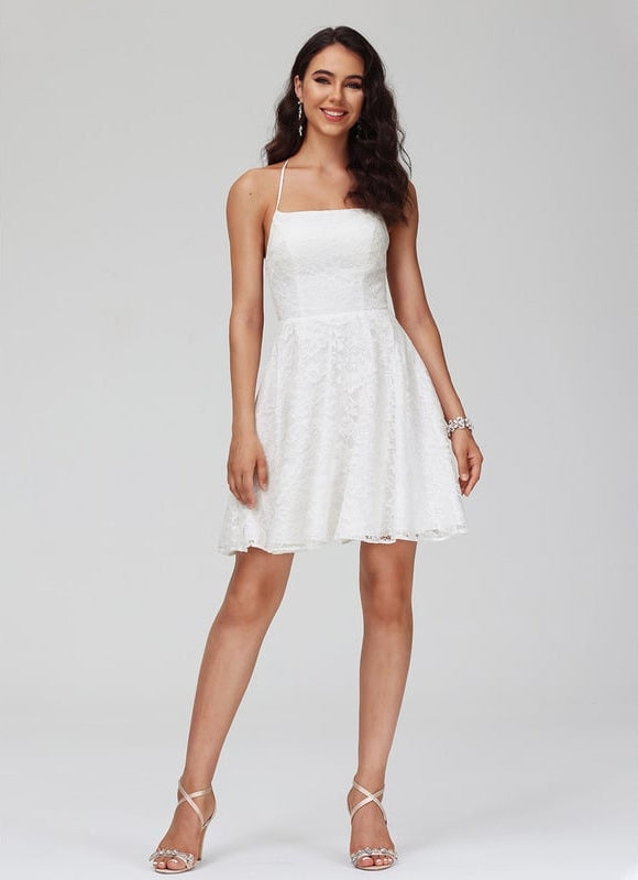 Trapèze col carré court dentelle robe de bal de promo - gallery 4