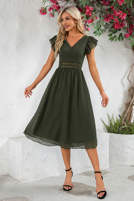 Robe à volants jacquard col v trapèze mousseline jacquard midi - gallery 4