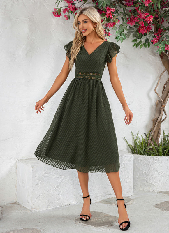 Robe à volants jacquard col v trapèze mousseline jacquard midi - gallery 4