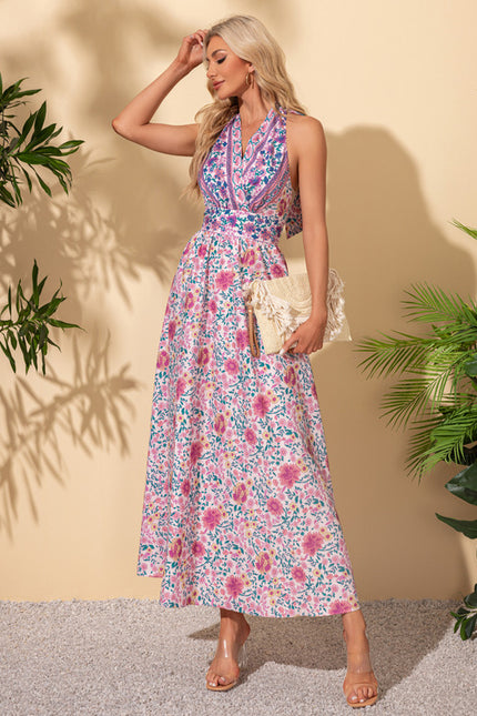Robe imprimé fleur licou trapèze polyester maxi - gallery 1
